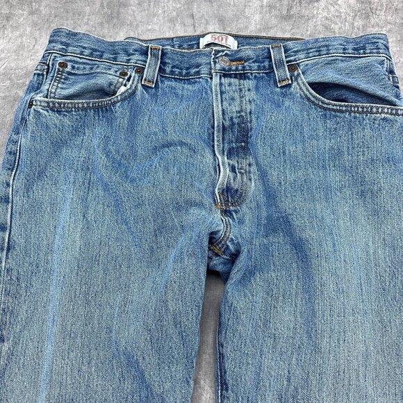 Levis 501 Jeans Men 36W 30L XX Blue Button Fly Straight Leg Black Bat Wing‎ - Picture 2 of 14